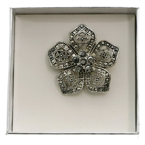 Mi Amore Antiqued Look Flower Boxed Brooch-Pin Silver-Tone/Clear