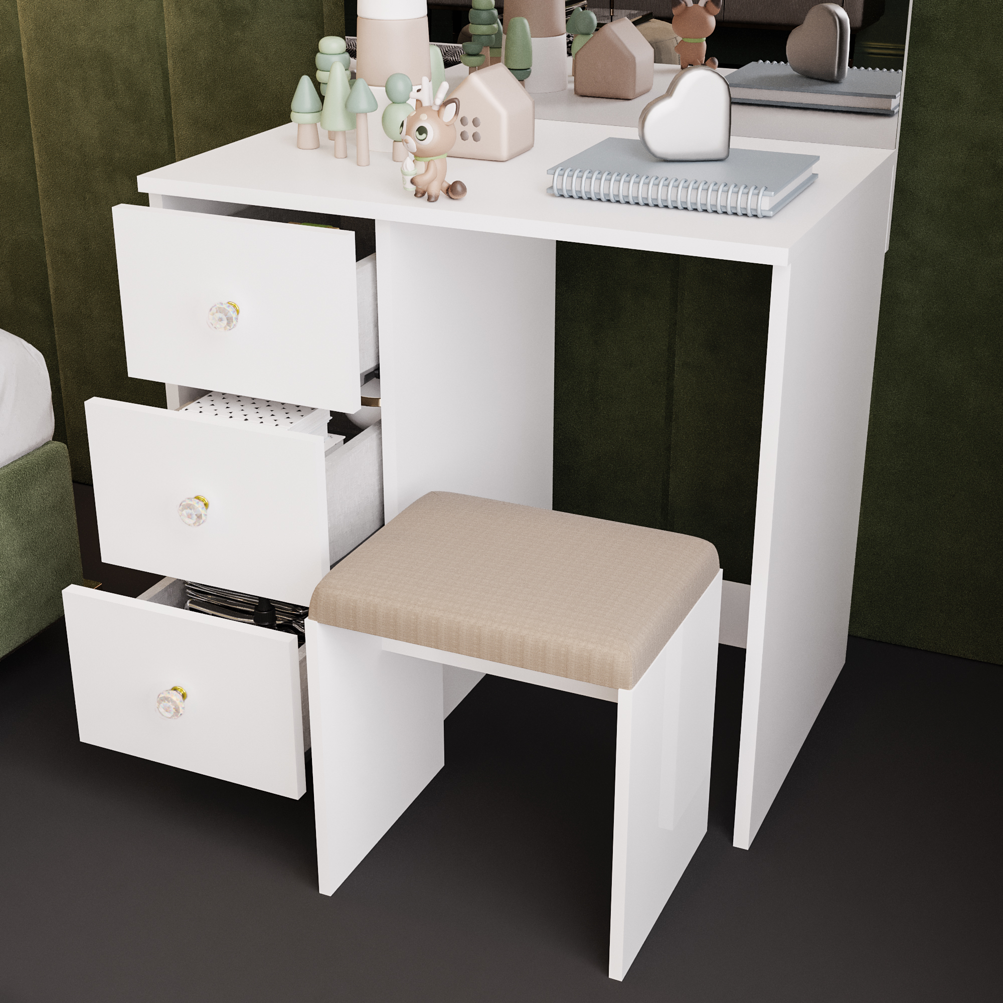 Ember Interiors Small Kids Vanity Makeup Desk Set with Chair, Drawers,Mirror,Gold Crystal Ball Knobs, White