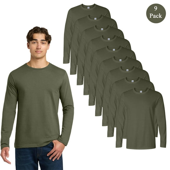 Gildan Softstyle Men's Long Sleeve T-Shirt, 9-Pack, Crew Neck Comfort Blank Tee, Military Green, S