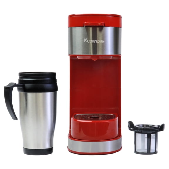 Kenmore Single Serve Coffee Maker & Stainless Steel Travel Mug, Capsule/Pod & Ground Coffee Brewing, K Cup Compatible, Hot & Iced Coffee Machine, 6 to 14 Oz Brew Sizes, Auto Shut-Off, Red