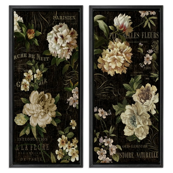 Stupell Industries Vintage French Typography Flowers Botanical & Floral Painting Black Floater Framed Canvas Art Print Wall Art, 11 x 25, Set of 2