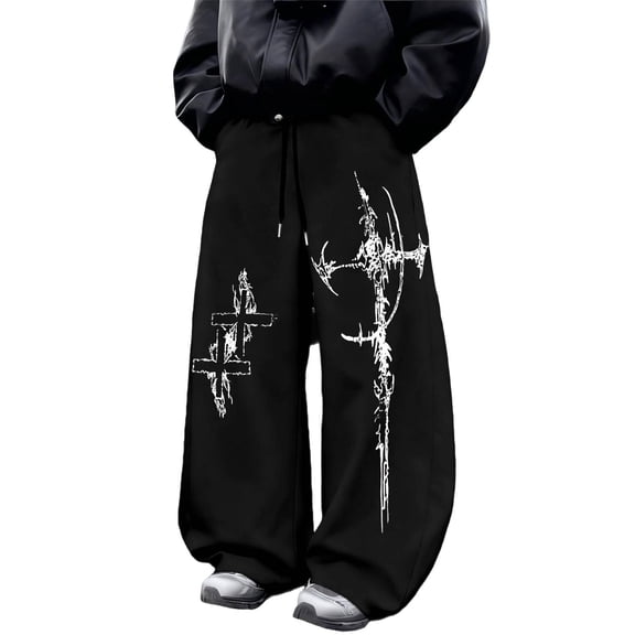 CONZONE Men's Baggy Sweatpants Gothic Wide Leg Pants for Men Trendy Elastic Waist Graphic Y2K Soft Streetwear Joggers With Pocket