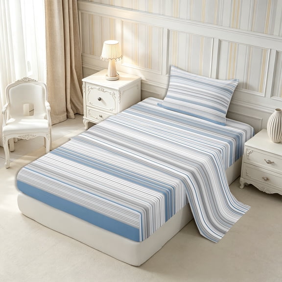 Castle Fairy Retro Horizontal Stripe Twin Sheets 3pcs,Minimalism Thin Line Bedding,Blue Gray White,1 Flat Sheet, 1 Fitted Sheet and 1 Pillowcase