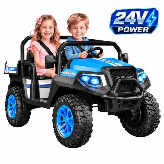 24V 2-Seater Ride on Toys for Big Kids, 4WD Ride on Car with Remote Control, Electric UTV Car, Pickup Trunk Bed, Extra Shovel, Battery Indication, 2 Speeds, Music, Wireless, LED Lights
