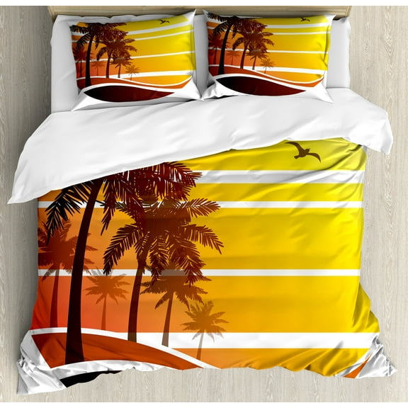 Tropical Duvet Cover Set, Sunset at Exotic Beach with Palm Trees Birds Summer Vacation Theme Pattern, Decorative 3 Piece Bedding Set with 2 Pillow Shams, King Size, Yellow Coral Brown, by Ambesonne