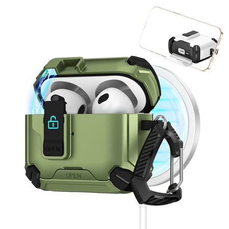 Dteck Case for Apple AirPods Pro 2 Charing Case Full Body Shockproof Hard Shell Protection Design with Secure Lock Clip & Phone Stand Compatible with AirPods Pro 2nd Gen 2022 Deep Green