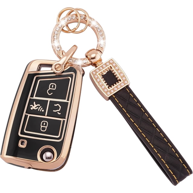 Key Fob Cover Compatible with Fit for VW Volkswagen Golf GTI Tiguan Atlas Polo Jetta Bling Key Case Protection Shell with Keychain Case Holder Protector,1,Black