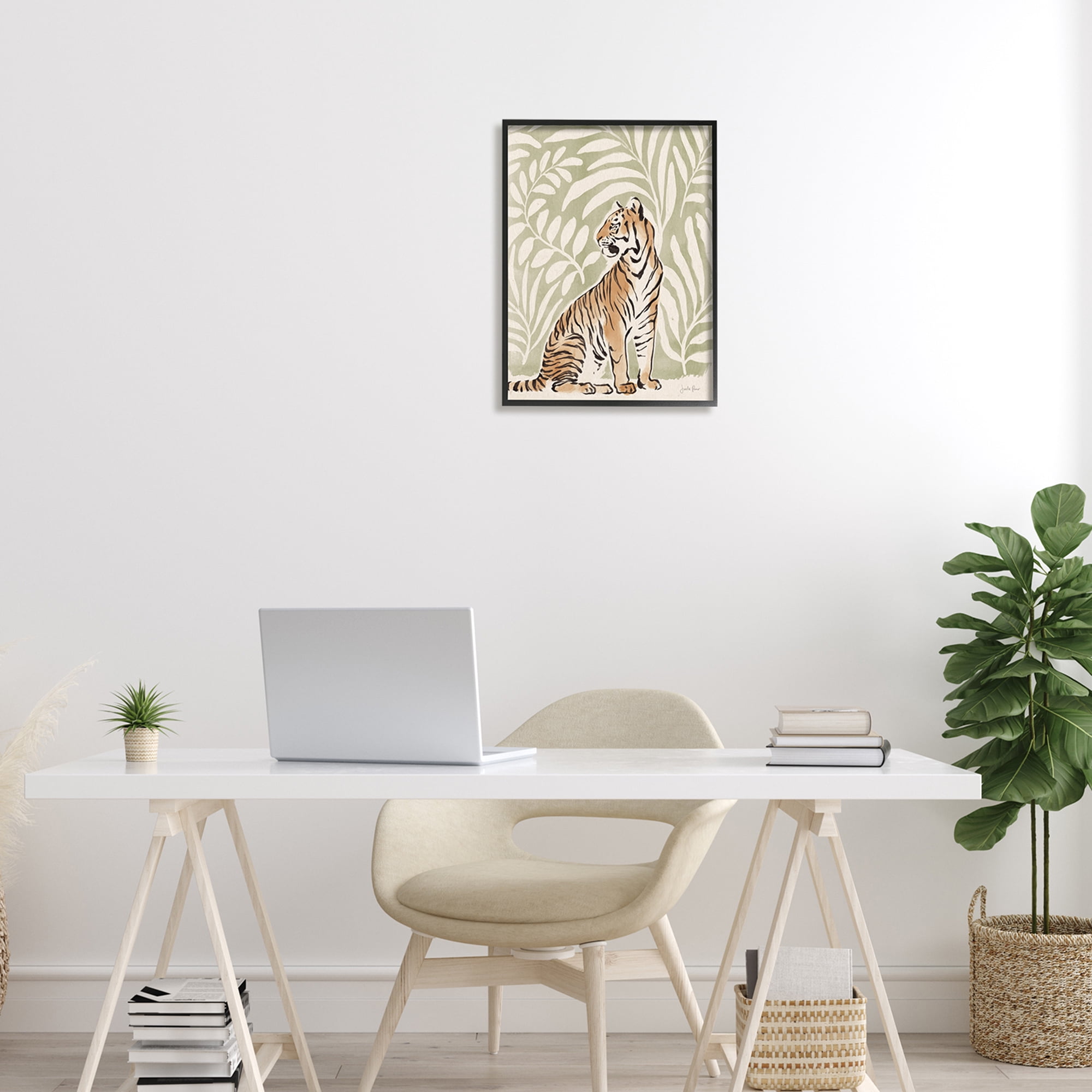 Stupell Industries Gallant Tiger Sitting Botanical Pattern Background Ink Watercolor , 16 x 20, Design by Janelle Penner