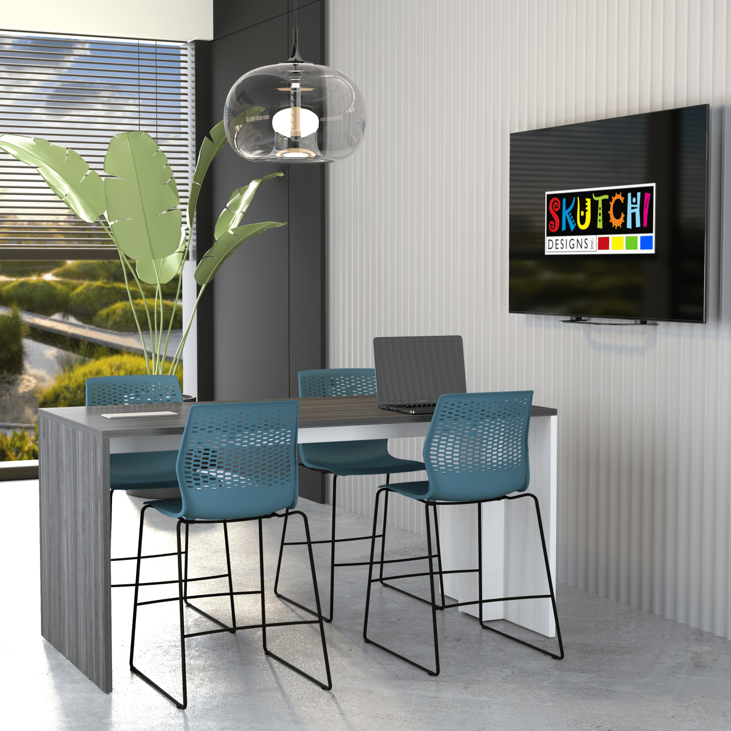 Counter Height Collaboration Table | 4 Person Face-to-Face Desk | 48 x 72 Inch Commercial Office Desk with Double Power & Data Modules - Lakeland Salt And Black