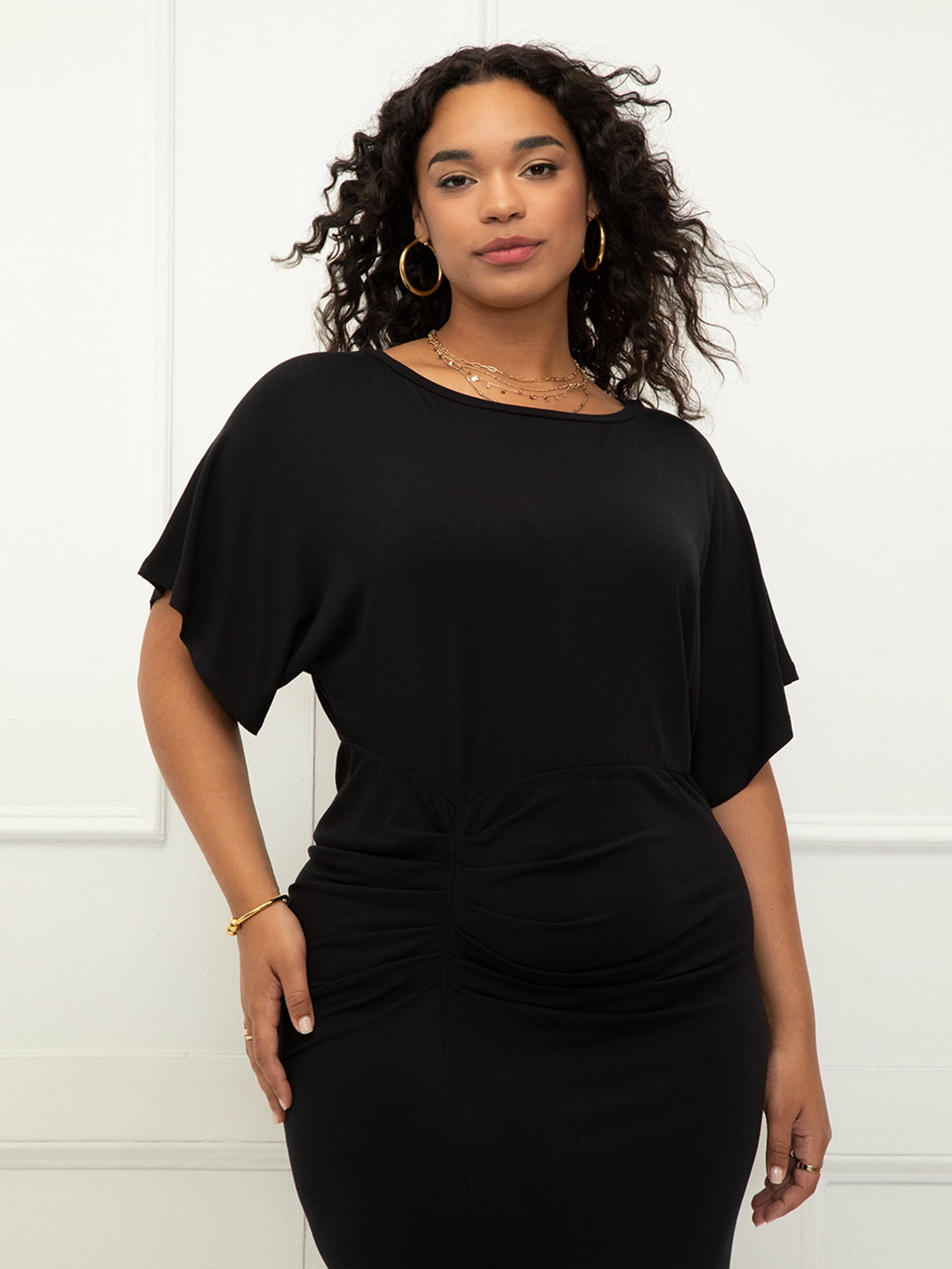 ELOQUII Elements Women's Plus Size Dolman Sleeve Ruched Dress