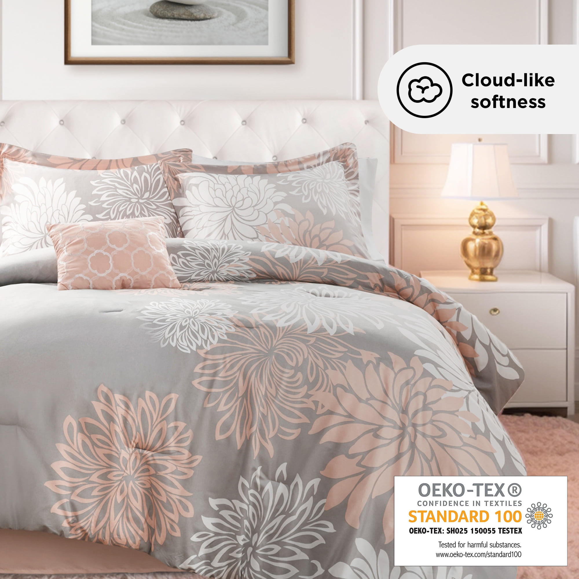 Regency Heights Queen Size Comforter Set, 5-Piece Floral Bedding Set for All Season, Blush Comforter Set Queen with Bed Skirt