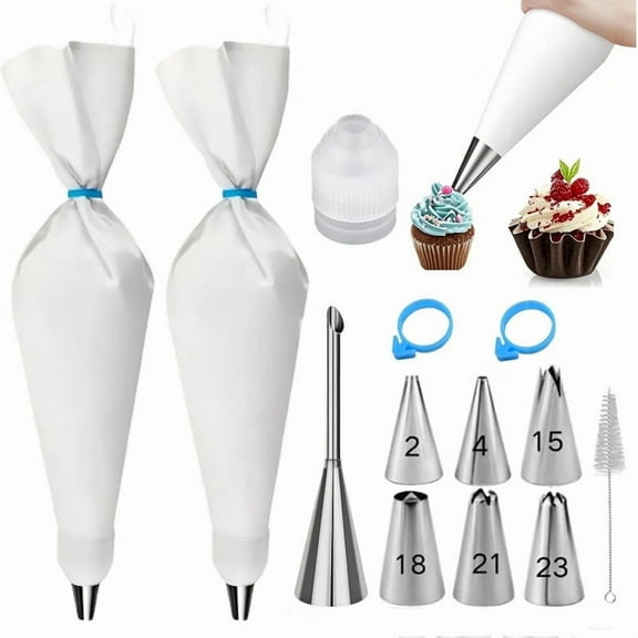 13-Piece Cake Decorating Set-7 Piping Tips, 2 Reusable Cloth Waterproof Bags & Tools for Buttercream&Cream Puffs DIY Baking Tool
