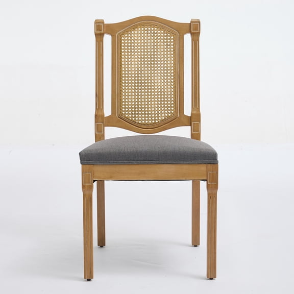 JUYG 2-Pack Gray Rattan-Back Dining Chair, Solid Wood, Linen Cushion