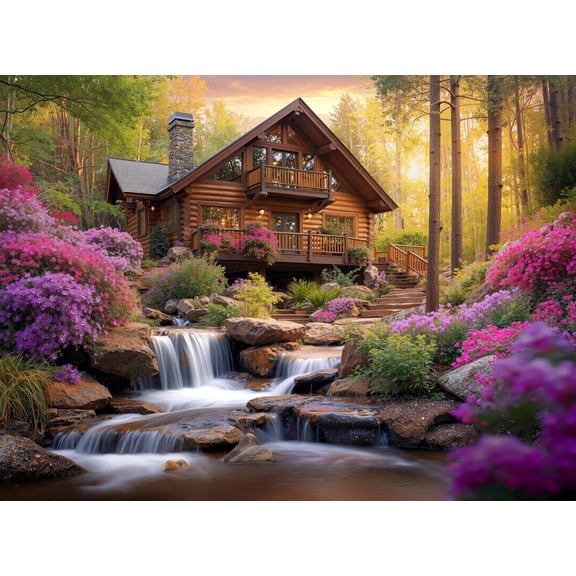Prime Time Puzzles 1000 Piece Jigsaw Puzzle for Adults - Mountain Cabin Waterfall - Challenging Puzzle Perfect for Game Nights - Nature Landscape Photograph in Forest 20x27 inch
