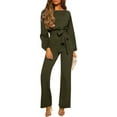 thumbnail image 3 of Womens Dressy Jumpsuits Long Sleeve Belted Wide Leg Pants Romper Jumpsuit Wedding Guest Outfits Army Green S, 3 of 9