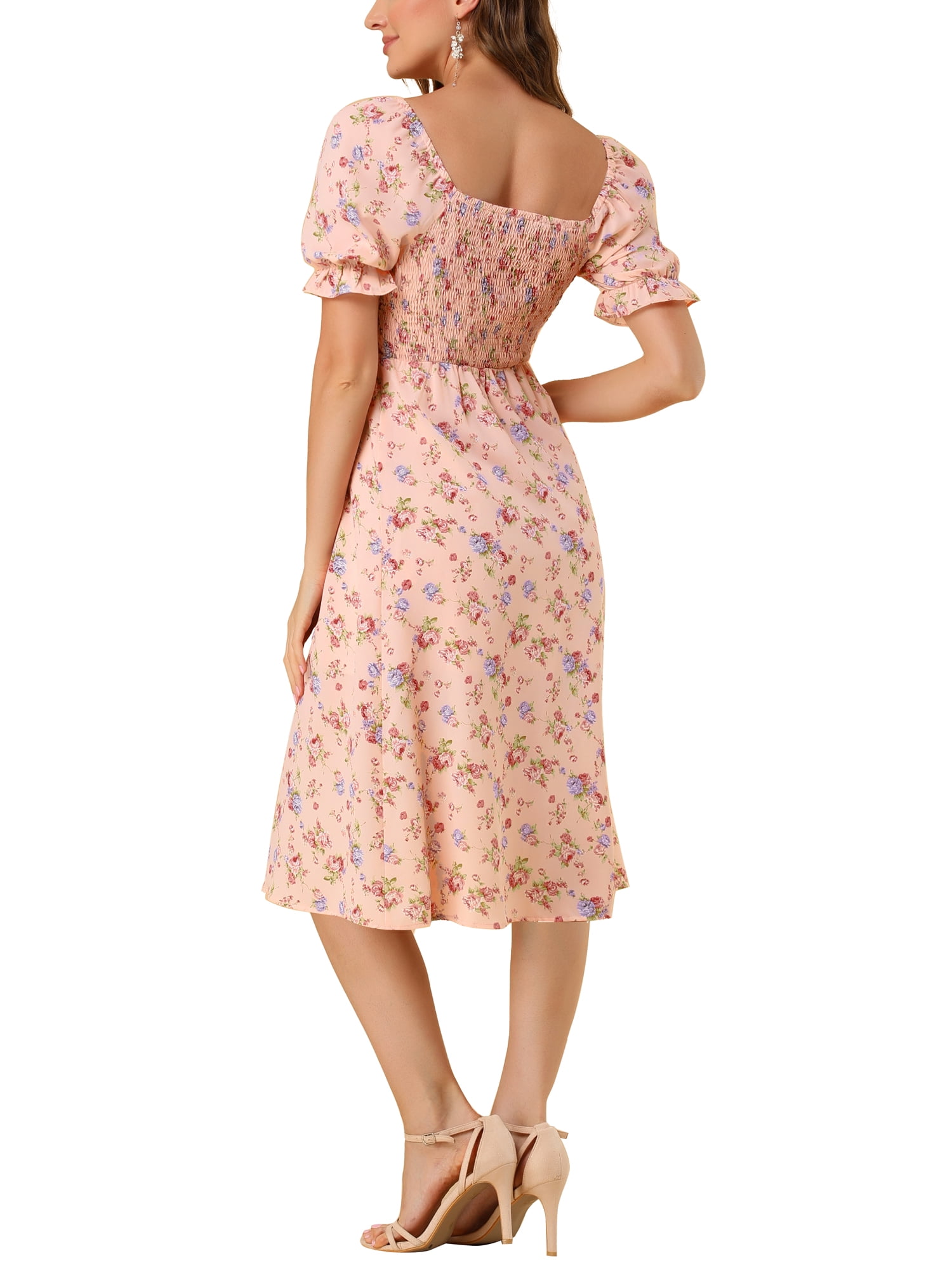 DARING DIVA Square Neck Puff Sleeves Smocked Waist Midi Floral Dres L Pink