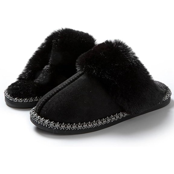 Classic Scuff Slippers for Women with Ultra-long Faux Rabbit Fur Fleece Lining Slip-on Style Indoor Shoes with Anti Slip Sole, black