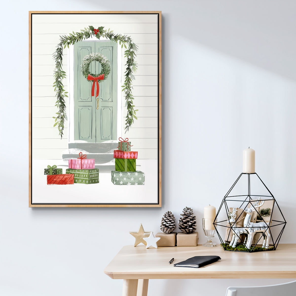 Festive Front Door Collection B - Framed Gallery Wrapped Holiday Canvas - 17 x 25 - Natural Wood Frame