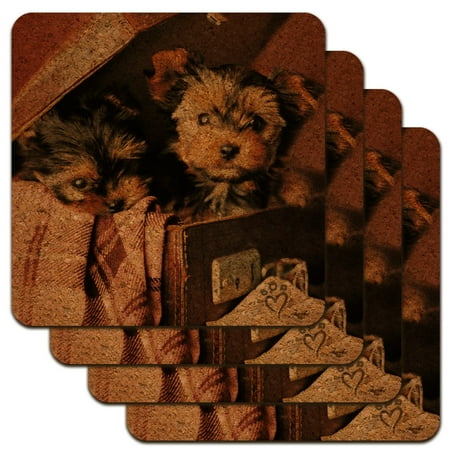 

Yorkie Yorkshire Terrier Dogs Puppies in Briefcase Suitcase Low Profile Novelty Cork Coaster Set