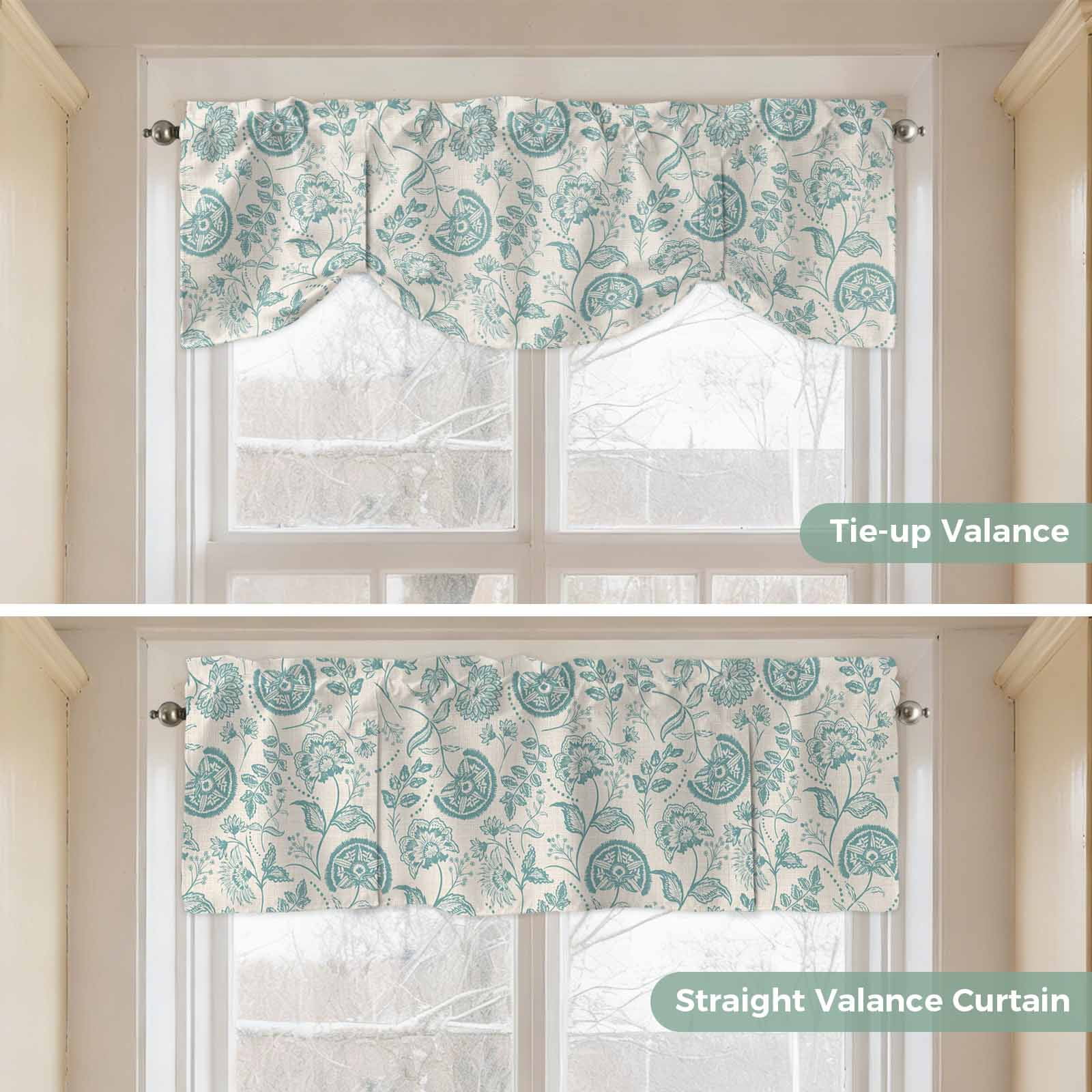 Farmhouse Turquoise Floral Tie Up Valances Curtain, Linen Boho Paisley Flower Rustic Adjustable Rod Pocket Short Window Treatment Tie Up Curtains Valances for Kitchen Living Room 54x18 In