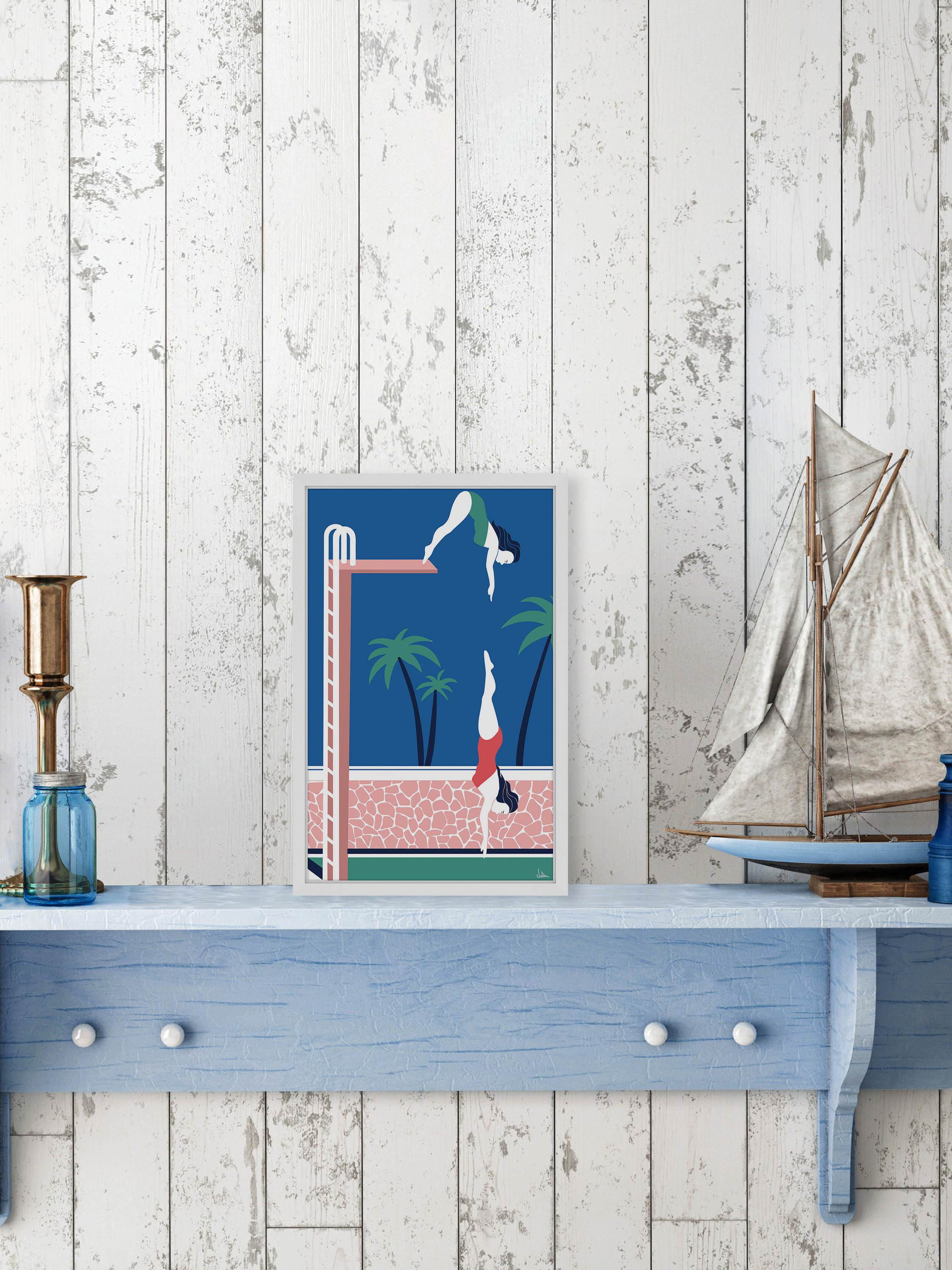 Diving Framed Painting Print