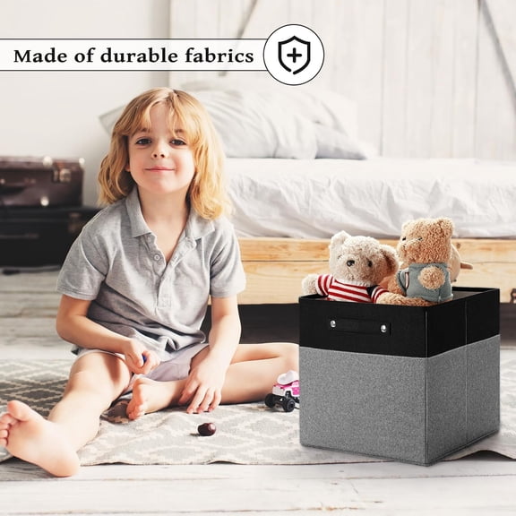 13 x 13 Inch Fine Linen Storage Bins with Handles, Fabric Cube Boxes, Basket Organizers for Shelves for Home, Closet Drawers (Black/Gray-6 Pack)