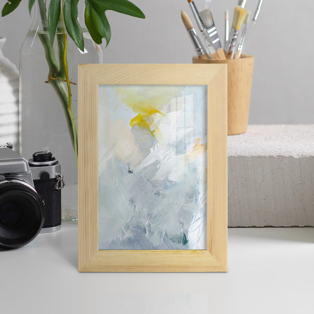 Canary and Sky II - Framed Print w/glass - Natural Wood