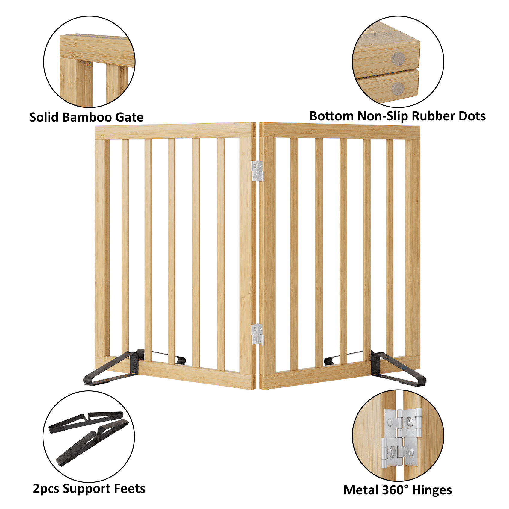 Smart FENDEE Bamboo Dog Gates for Doorways Freestanding Pet Gate, 2 Support Feet, 24"H, Natural