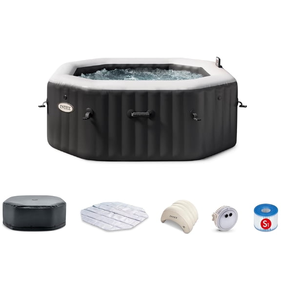Intex: PureSpa Bubble Deluxe Spa Set - 4 Person, Black Onyx - 63 x 28" Inflatable Octagon Saltwater Hot Tub, 120 Jets, Energy Efficient Cover, 28457EP