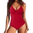 thumbnail image 2 of VISALY One Piece Swimsuits Tummy Control Ruched Push Up Color Block Crisscross V Neck Tie Back Full Coverage Slimming Bathing Suit Slimming Swimwear Wide Straps Swim Suit Wrap Swimwear Red Xl, 2 of 4