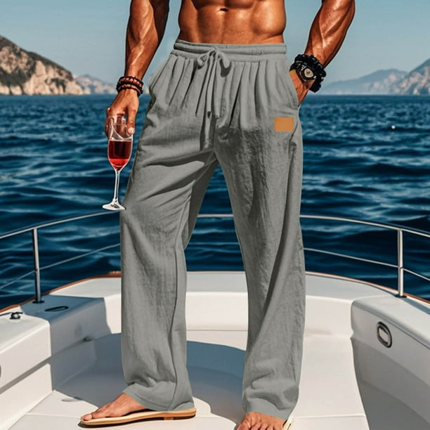 Pantalones casuales de longitud completa para hombre, color sólido, bolsillo, cintura elástica, rectos, de poliéster.