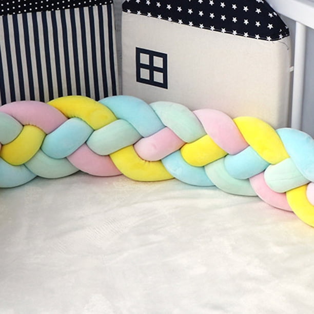 Almohada de cama trenzada de cuatro hebras con bolas de nudo largo tejidas, tira anticolisión para niños