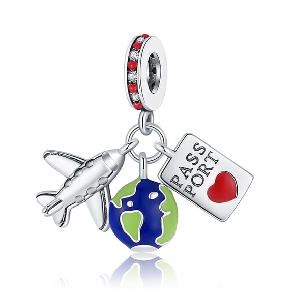 NINGAN Airplan, Map & Passport S925 Triple Travel Dangle Charm for Women Bracelet Necklace Pendant