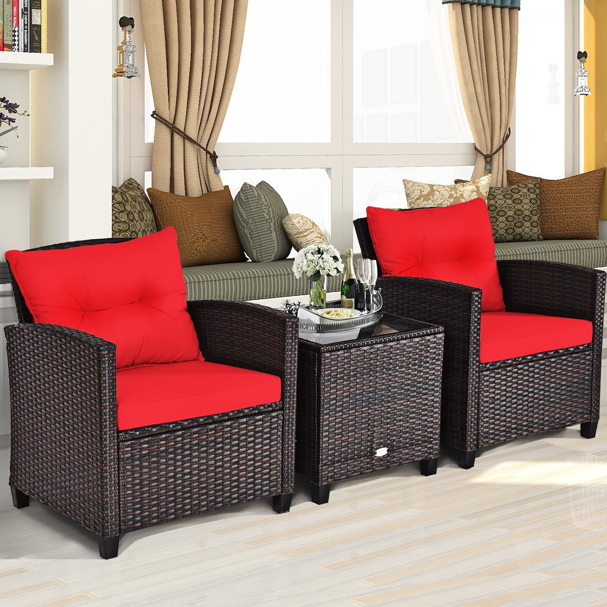 Giantex 3 Pieces Steel Rattan Patio Outdoor Sofa Set Cushion and Tempered Glass Tabletop Set, Red