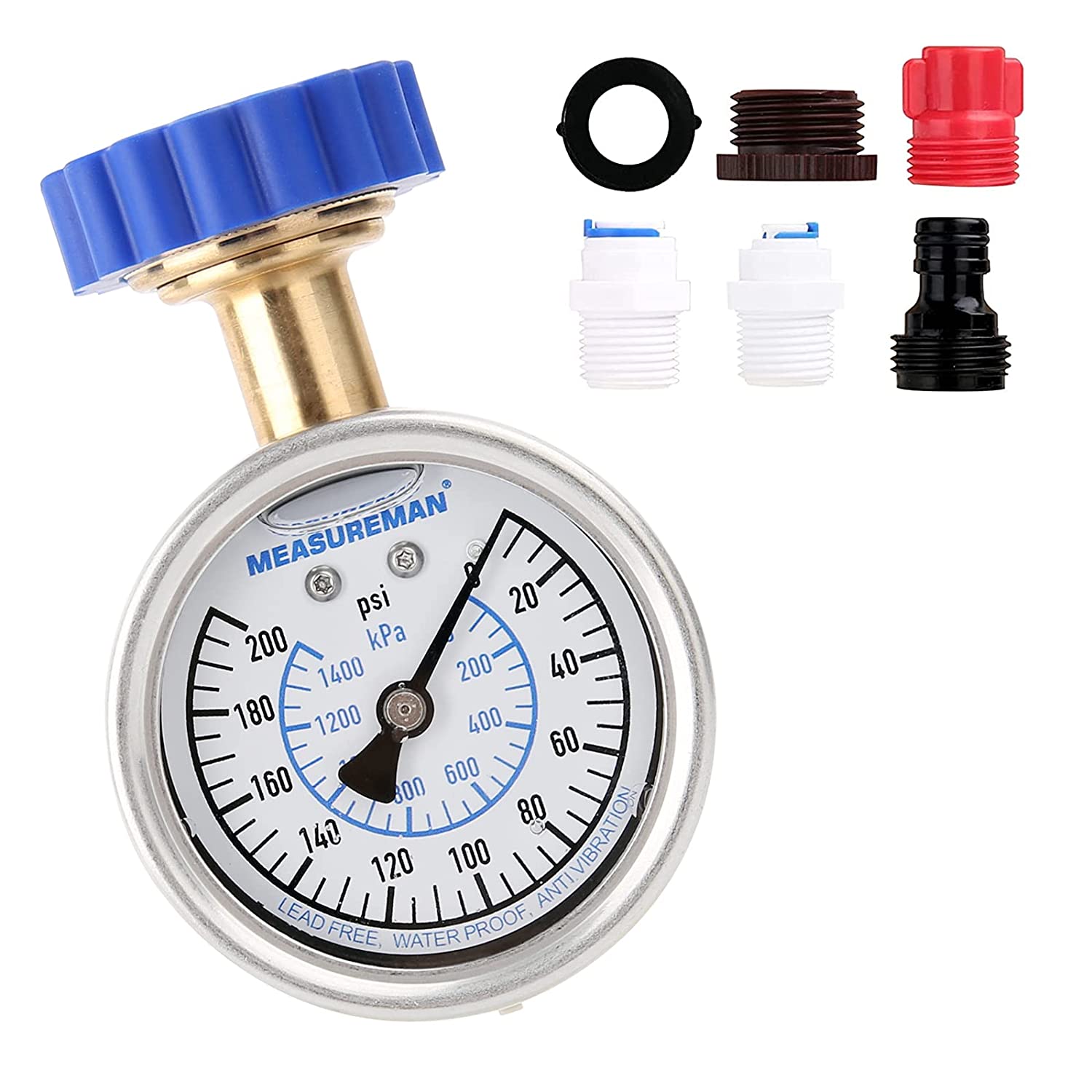 Kit Manometro Pressione Acqua Con Glicerina 0-200 Psi - 6 Pezzi Con Adattatori Per Rubinetti, Tubi Da Giardino E Elettrodomestici