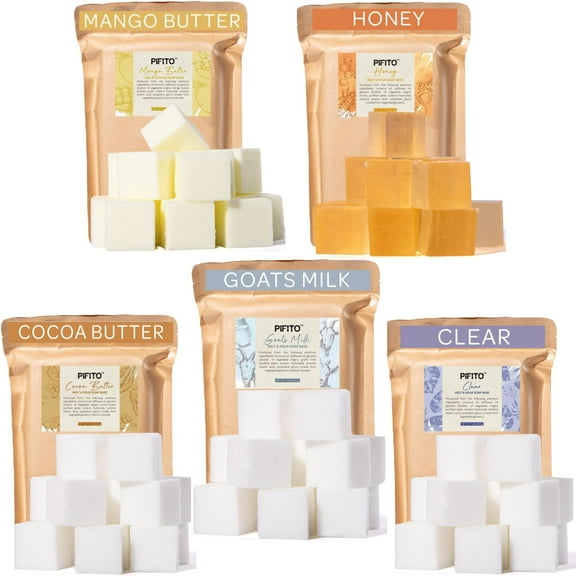 Pifito Pre-Cut Melt and Pour Soap Base Sampler (5 lbs) ? Cut-Up Pieces of Soap Base (1lb ea) ? Goats Milk, Honey, Clear, Cocoa Butter, Mango Butter ? Glycerin Soap Making Supplies Kit