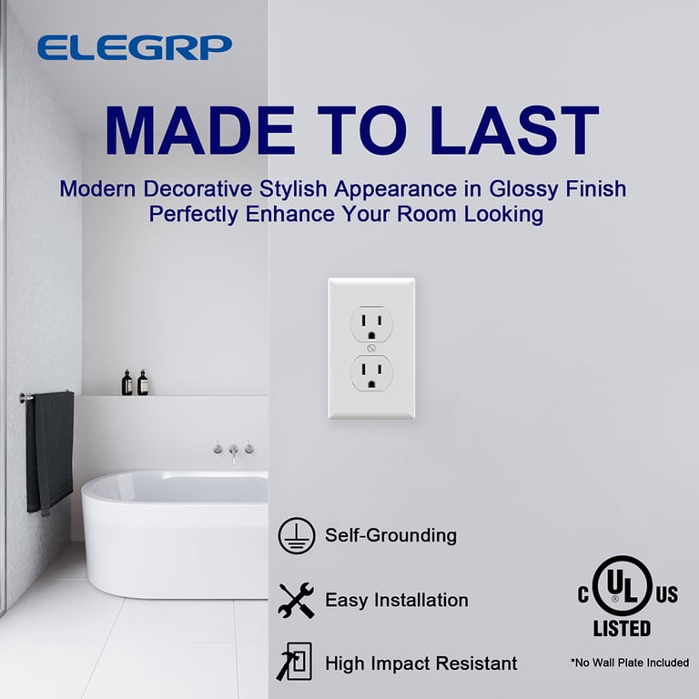 ELEGRP Glossy White Decorator Wall Outlet – Tamper Resistant 15 Amp, Self-Grounding | 125V, 5-15R, UL Listed, 50 Pack, Residential Grade