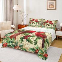 Feelyou Christmas Red Robin Bed Sheets, Poinsettia Leaf Plant King Sheets, Vintage Western Fashion Sheet Set, Breathable Home Decor, 4-Piece