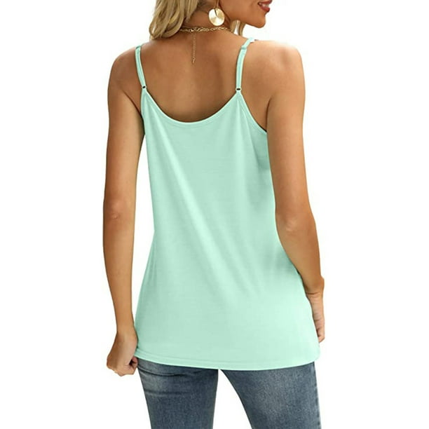 Lace Spaghetti Strap Tank Top, Comfortable Wear Women Summer Tank Top Soft  Polyester Pure Color For Daily Life Light Green M