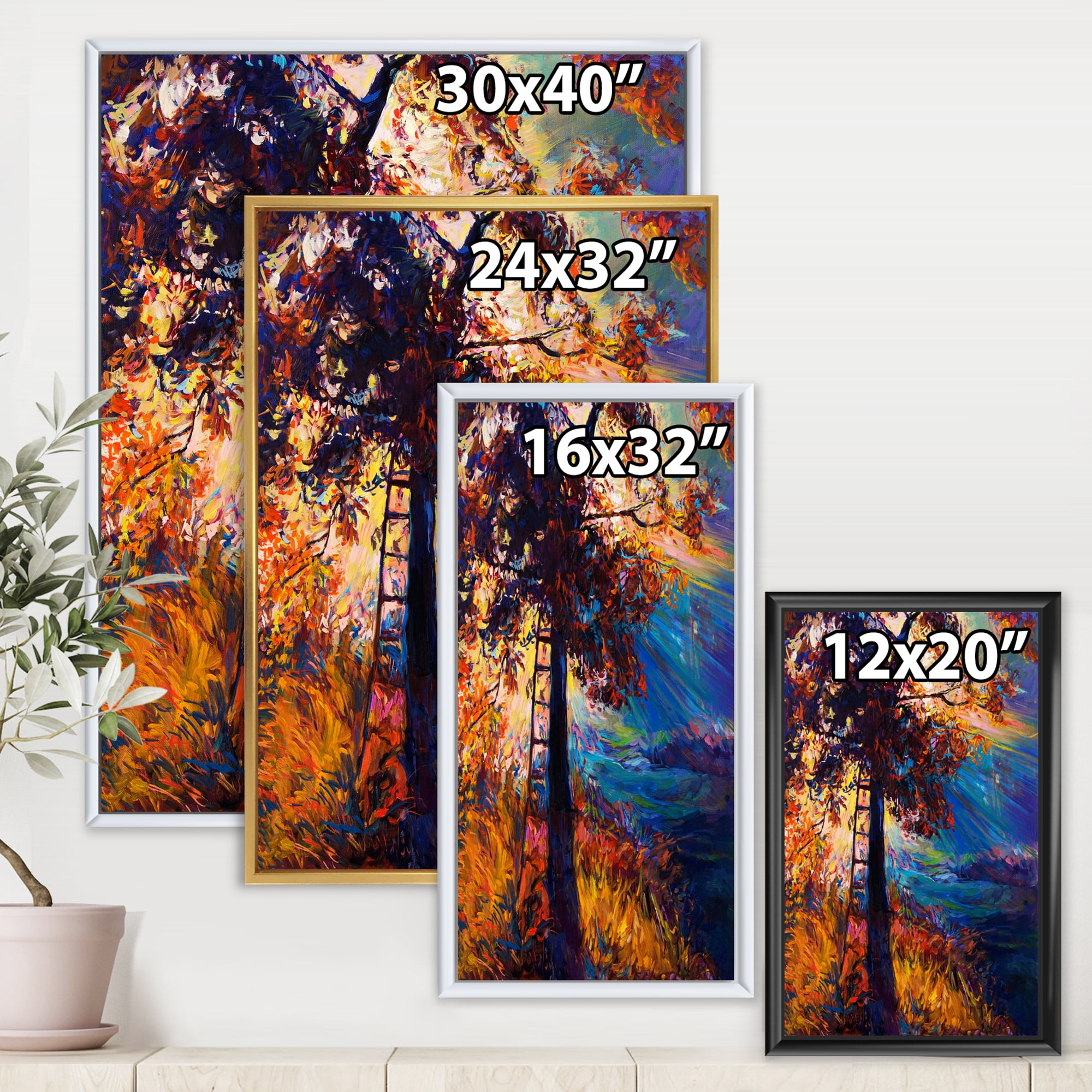 Silhouette Of Autumn Tree In The Sunset Glow 24 in x 32 in Framed Painting Canvas Art Print, by Designart