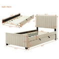 thumbnail image 3 of Twin Size Platform Bed with Pull-out Twin Size Trundle, Wood Bed Frame with Velvet Upholstered Headboard, Trundle Bed with Stripe Design, for Bedroom, Apartment, Beige, 3 of 9