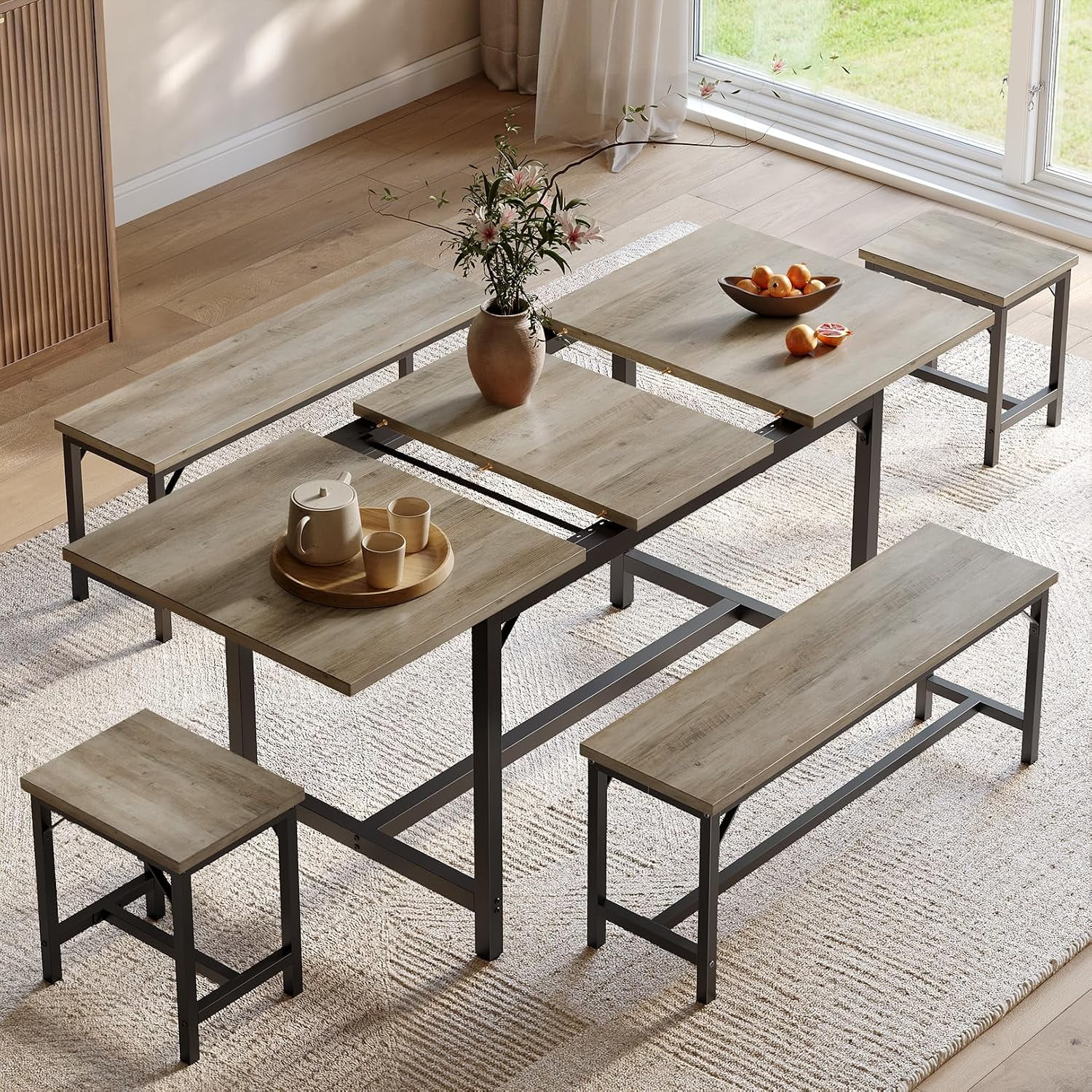 5-Piece Extendable Dining Table Set for 4-8 63 Kitchen Table Set Morden Dining Room Table with 2 Benches and 2 Square Stools Space-Saving Rectangle Table and Chair Set for Small Space