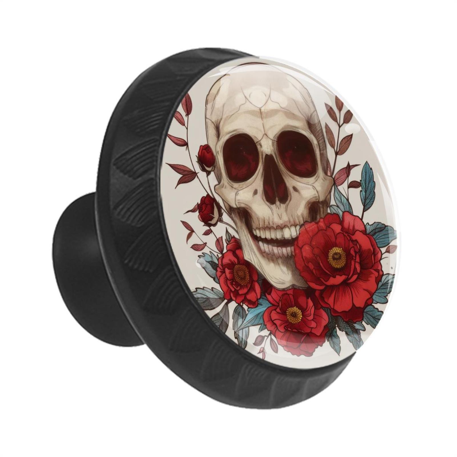 12 Pack Round Glass Drawer Knobs For Kitchen Cabinet With Screws, Day of the Dead Skull and Flowers Crystal Diamond Shaped Cupboard Knobs For Kitchen Office Bathroom
