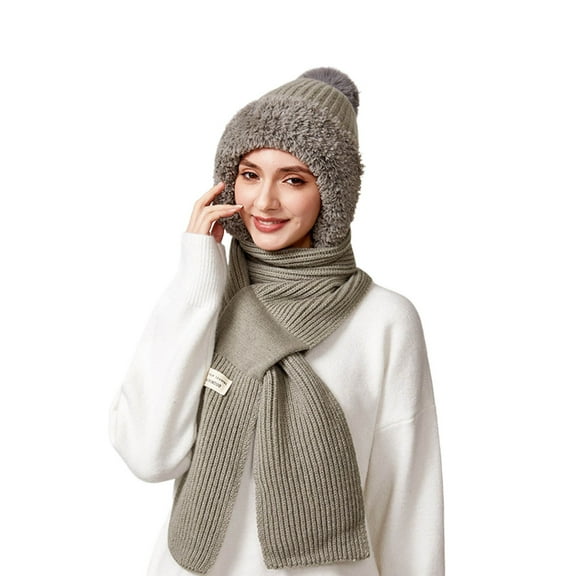 Bibifish One Piece Scarf Hats For Women Winter Thermal Lined Scarf Hats Solid Color Fleece Cold Weather Knitted Scarf Hats For Ladies
