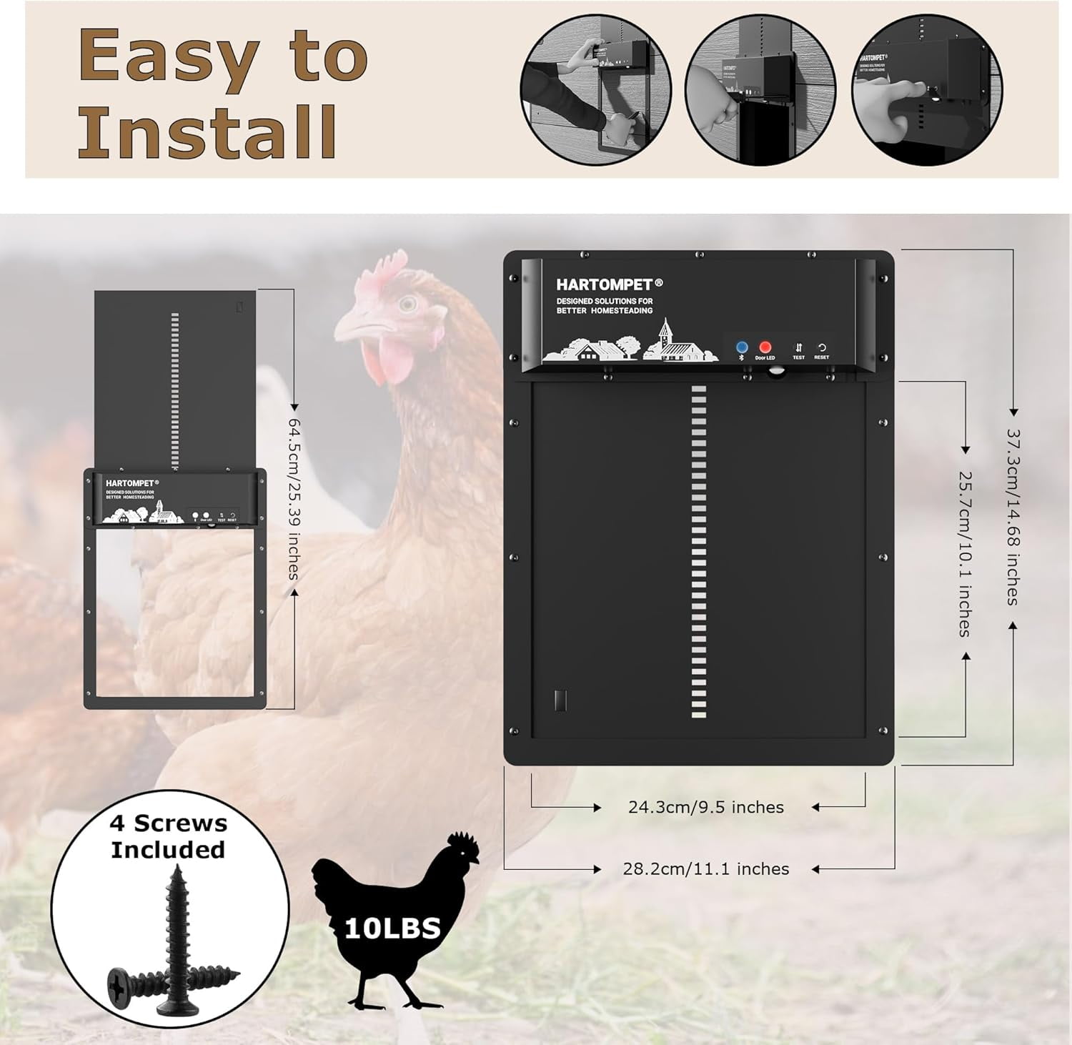 HARTOMPET Automatic Chicken Coop Door – Aluminum Weatherproof Door with Anti-Pinch Sensor, App Control, Plug & Play Installation