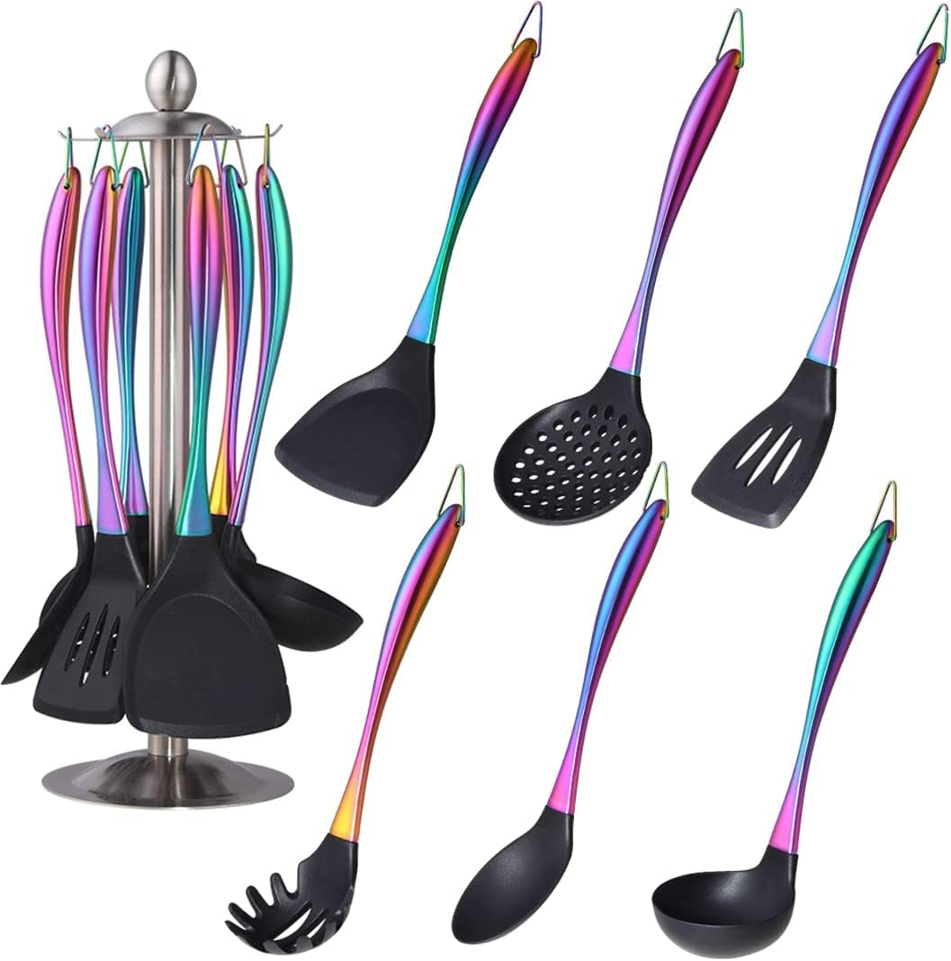 Silicone Cooking Utensils Set, 6-Piece Non-Stick Kitchen Utensil Set with Titanium Stainless Steel Handles & Holder, Spatula, Spoon, Tongs for Baking, Grilling & Frying - Dishwasher Safe, Rainbow