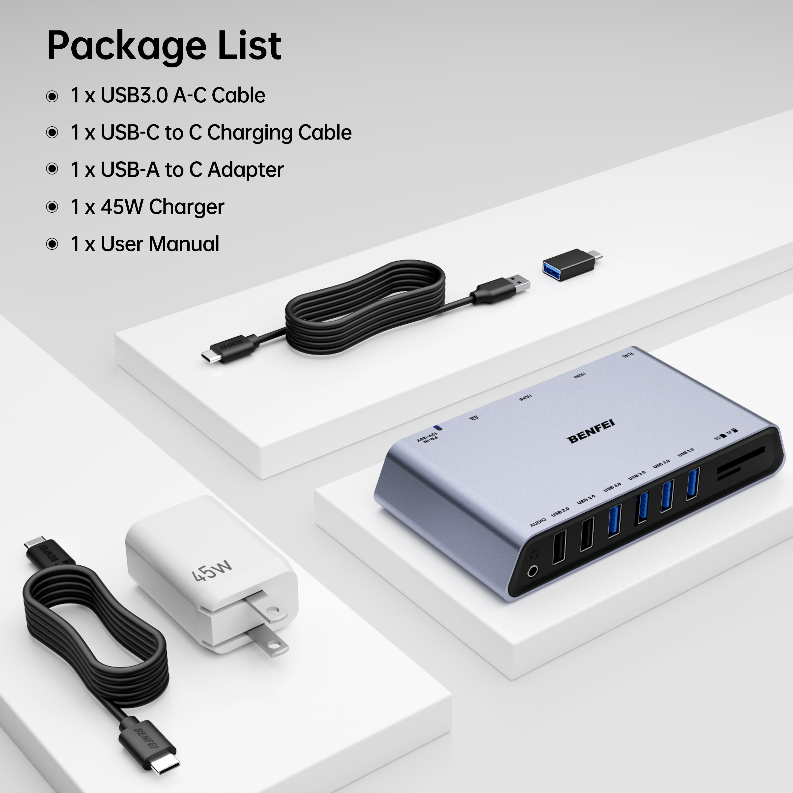 BENFEI DisplayLink 12-in-1 USB 3.0 Docking Station with Dual HDMI Display/6*USB Ports/SD/TF Card Reader/Gigabit Ethernet/3.5mm Headphone Jack
