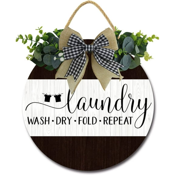 Eveokoki 12" Laundry Wash Dry Fold Repeat Laundry Room Sign Rustic Wooden Round Plaque Wreaths for Wall Door Sign Vintage Hanging Laundry Room Decor for Wash House Farmhouse