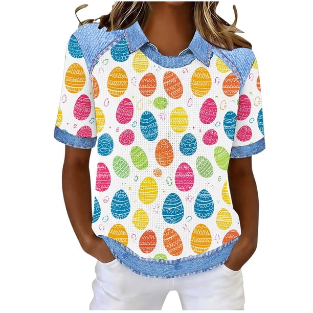Tops de Verano de las Mujeres Tops de Cuello Redondo Casuales para las Mujeres Tops de Solapa Casuales Impresos de Pascua de Moda de Verano para las Mujeres