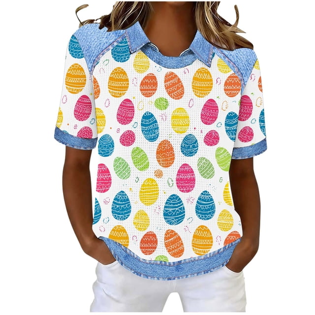 Tops de Verano de las Mujeres Tops de Cuello Redondo Casuales para las Mujeres Tops de Solapa Casuales Impresos de Pascua de Moda de Verano para las Mujeres